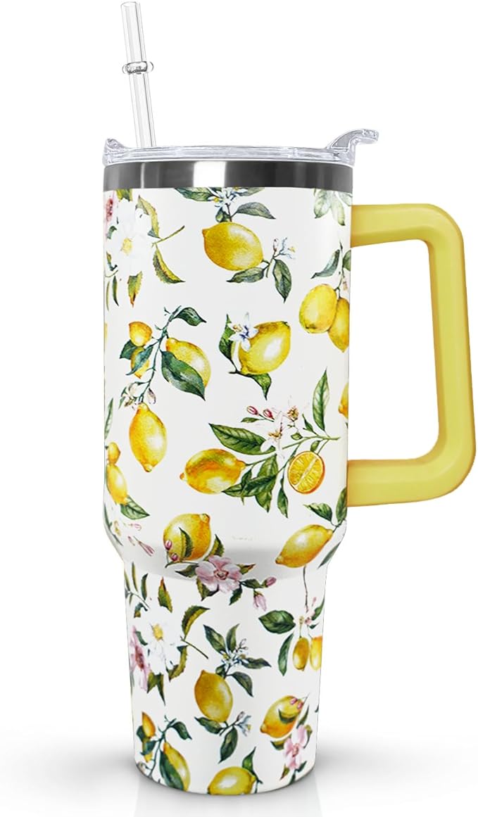 Ceovfoi 40 oz Lemon Print Stainless Steel Tumbler With Lid and Straw - Yellow Coffee Travel Mug Cup Water Bottle - Gifts for Lemon Lovers - Bloomnest