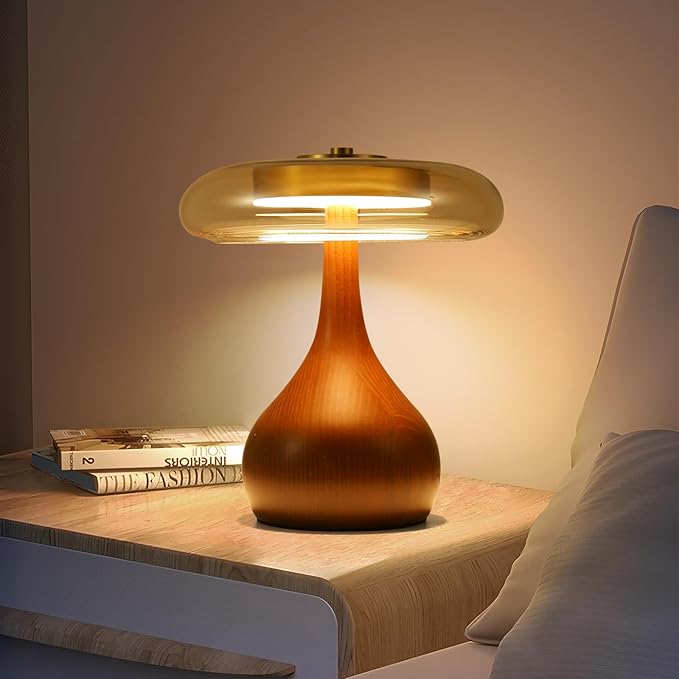 Small Table Lamp for Bedroom-Wooden Base Teardrop Mushroom Table Lamps,Amber Glass Shade,LED Three Color Temperature Adjustable Brightness Modern LED Side Table and Desk Lighting(H 9.7 in) - Bloomnest