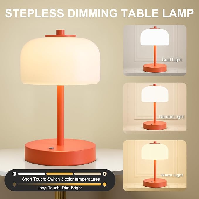 Oneach 9" Cordless Table Lamp, Orange Rechargeable Battery Operated Lamp, 3-Way Stepless Dimming Touch Lamps, Small Glass Bedside Nightstand Light for Bedroom Dining Table Living Room Shelf Decor - Bloomnest
