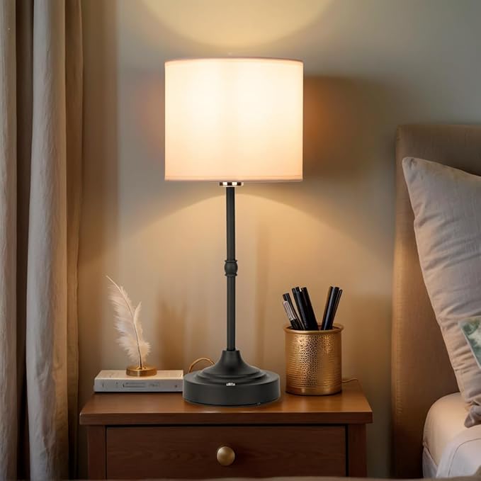 Rechargeable Table Lamp, Cordless Touch Lamps, Portable Desk Light with Stepless Dimmable Brightness & Fabric Shade for Nightstand Bedside Living Room (Black, Straight) - Bloomnest