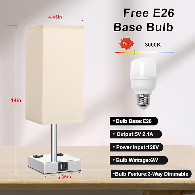 Touch Bedside Table Lamp for Nightstand - 3-Way Dimmable Night Lamp with USB A + Type C Charging Ports and Two AC Outlets, Small Desk Light with E26 LED Bulb for Bedroom Living Room Dorm Office - Bloomnest