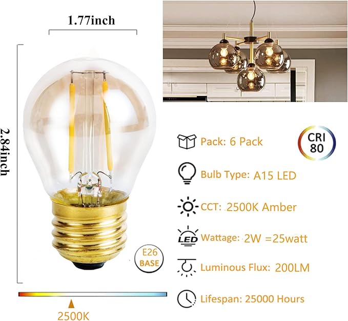 Vintage Amber Light Bulbs 25 watt Equivalent Dimmable E26 LED Bulb 2500K Warm Light, 2W LED Globe Edison Decorative Light Bulb, 6 Pack - Bloomnest