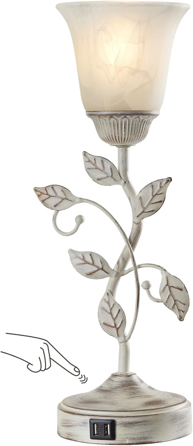 RORIANO Rustic Touch Table Lamp for Bedroom, 3-Way Dimmable Nightstand Lamp with 2 USB Ports, Retro Vintage White Glass Shade Leaf Desk Lamp for Living Room Entryway, LED Bulb Included - Bloomnest