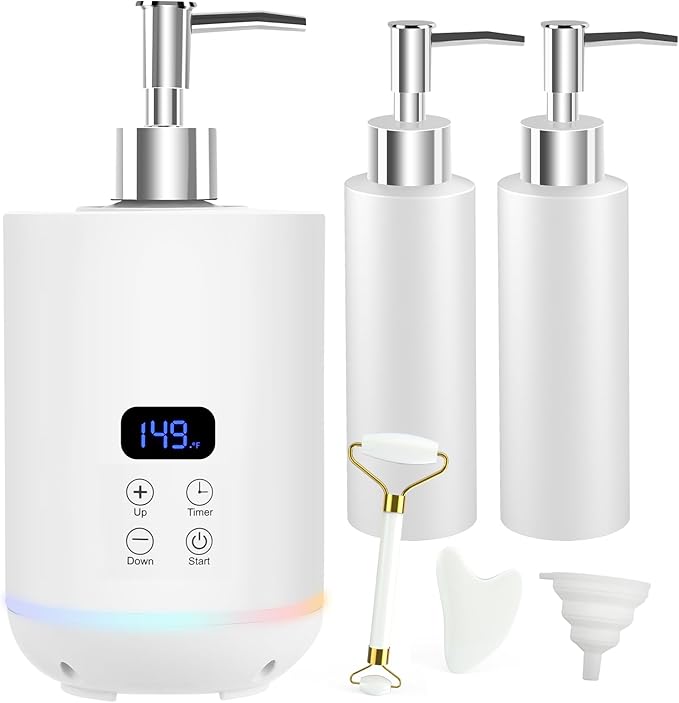 Yofuly Massage Oil Warmer Heater, Ambient Light Body Lotion Heated Machine with Two Dispenser Bottles, Professional Massage Therapy Kit with Gua Sha and Facial Roller, White - Bloomnest