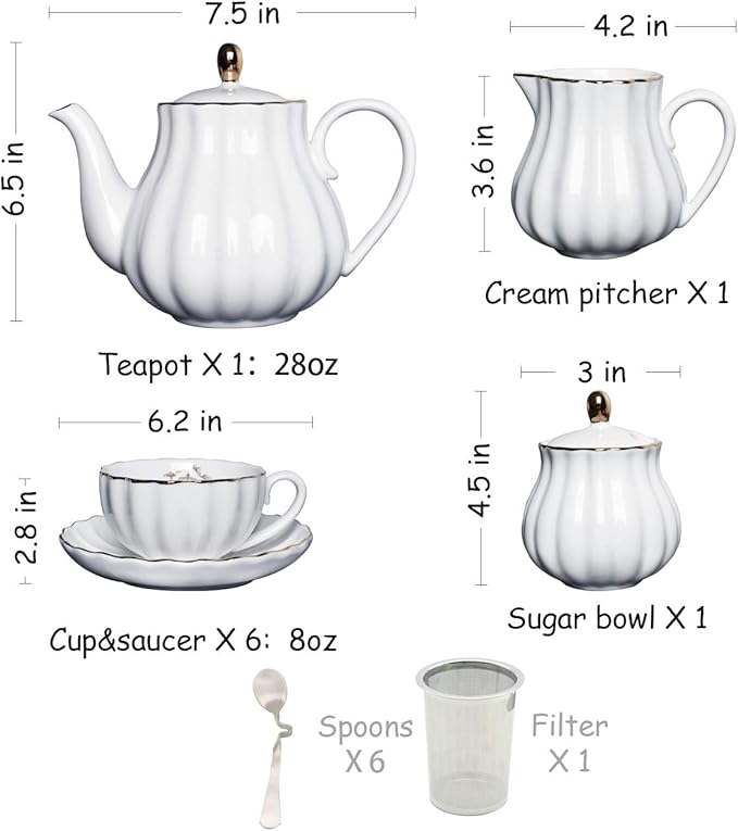 Porcelain Tea Sets British Royal Series, 8 OZ Cups& Saucer Service for 6, with Teapot Sugar Bowl Cream Pitcher Teaspoons and tea strainer for Tea/Coffee, Pukka Home (Pure White) - Bloomnest