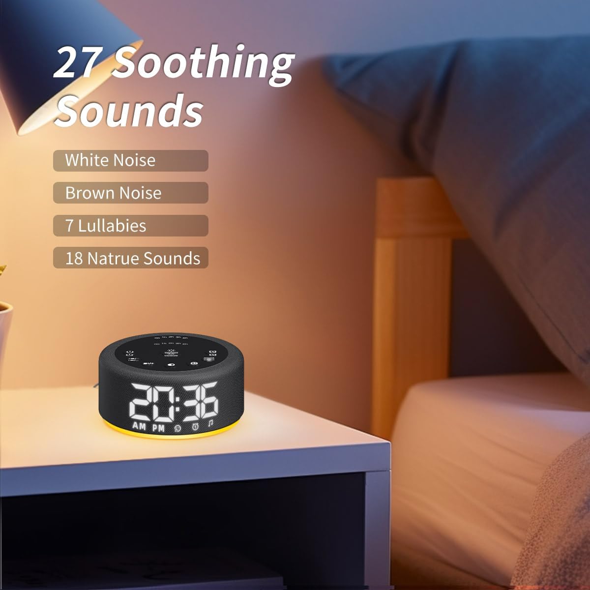 【3 in 1】 Sound Machine Alarm Clock Night Light White Noise Machine with 27 Sleeping Sounds for Baby Kids Adults 32 Level Volume Auto Off Timer Memory Function Digital Clock with 30 Wake Up Sounds