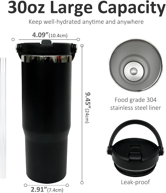 30 oz Tumbler with Handle, Double Wall Vacuum Insulated Tumblers with Flip Straw, Coffee Mug 30oz Powder Coated Cup for Hot and Cold Drinks(Black Plated, Black,1 pack)
