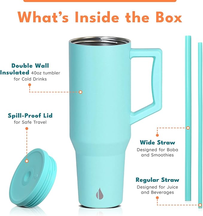 Elemental 40oz Tumbler with Handle and Straw - Spill Proof Insulated Stainless Steel Commuter for Hot & Cold Beverages - Travel Coffee Mug with 2 Straws & Spill Proof Lid - 40 oz - Robin's Egg - Bloomnest