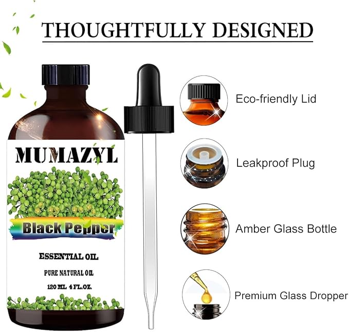 Black Pepper Essential Oil, Black Pepper Oil 4 Fl Oz 120ML for Diffuser Humidifier Yoga Cleaning DIY Candle Soap Making Essential Oils - Bloomnest