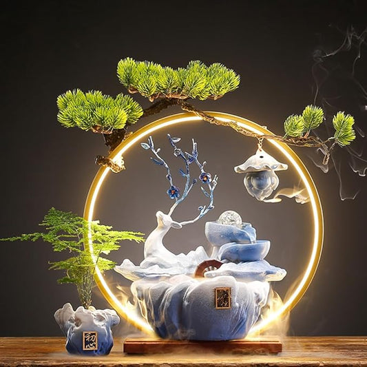Deer Tabletop Water Fountain with LED Light Mist, Home Decor Includes Backflow Incense,Japanese Water Fountains for Meditation,Indoor Zen Decor for Office,Living Room or Bedroom (Blue)