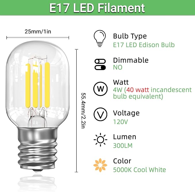 LED Microwave Light Bulbs Range Hood 40W Equivalent E17 Appliance Bulb Compatible with Whirlpool Maytag GE Kenmore 8206232A 5000k Daylight 4W 300LM CRI90 (Pack of 2) - Bloomnest