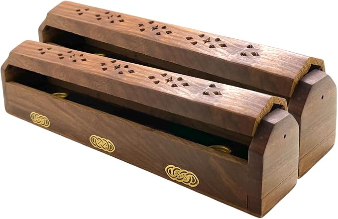 2 Pack Wooden Coffin Incense Sticks Burner - 12 Inches Brass Inlays - Storage Compartment (Celtic Knot) - Bloomnest