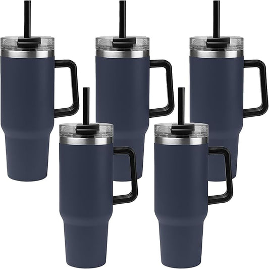 5 Ct of 40 Oz Intrepid Stainless Steel Tumbler with Lid, Straw & Handle – Navy Blue – Customizable Insulated Cups for Water, Coffee, Hot & Iced Drinks – Great for DIY, Events, Work - Bloomnest