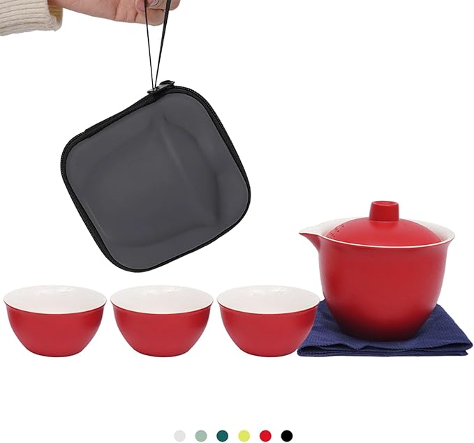 Porcelain Chinese Gongfu Tea Sets for Adults Ceramic japanese Tea Set Portable Kungfu Gaiwan Teapot and Cup Set Small Travel Teaset with Lid for Home Gifting Outdoor and Office (Red) - Bloomnest