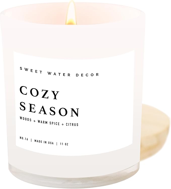 Sweet Water Decor Cozy Season Soy Candles - Fall Candles with Woods, Warm Spice, and Citrus Scent for Home Decor - Soy Candle with 50 Hours Burn Time - 11Oz Wood Lid White Jar Candles Fall Scents - Bloomnest