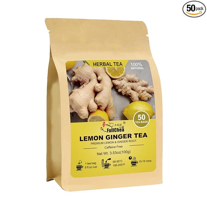 FullChea - Lemon Ginger Tea Bags, 50 Teabags - Pleasantly Spicy & Warming - Non-GMO - Caffeine-free - Support Healthy Digestion & Boost Immunity - Bloomnest