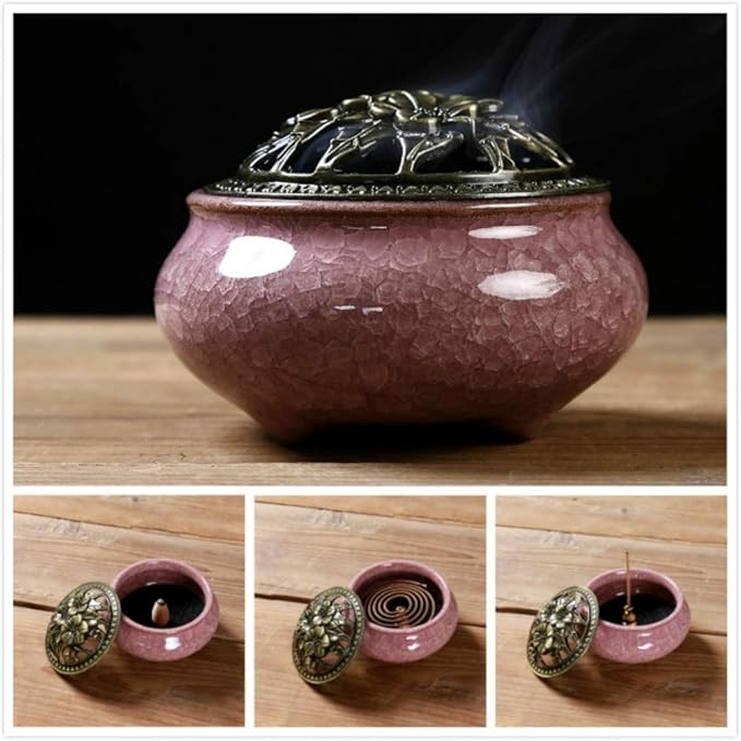 Ceramic Incense Burner with Incense Stick Holder + Insulation use for Stick or Coil Incense, Sage Cones and Frankincense (Violet) - Bloomnest