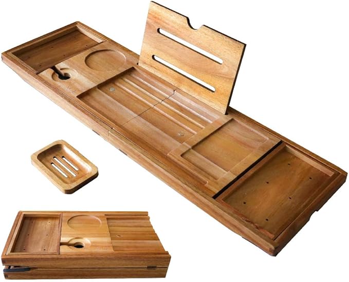 XcE Foldable Acacia Wood Bathtub Caddy Tray - Expandable to 40 Inches with Non-Slip Pads for Couples Luxury Bath - Bloomnest