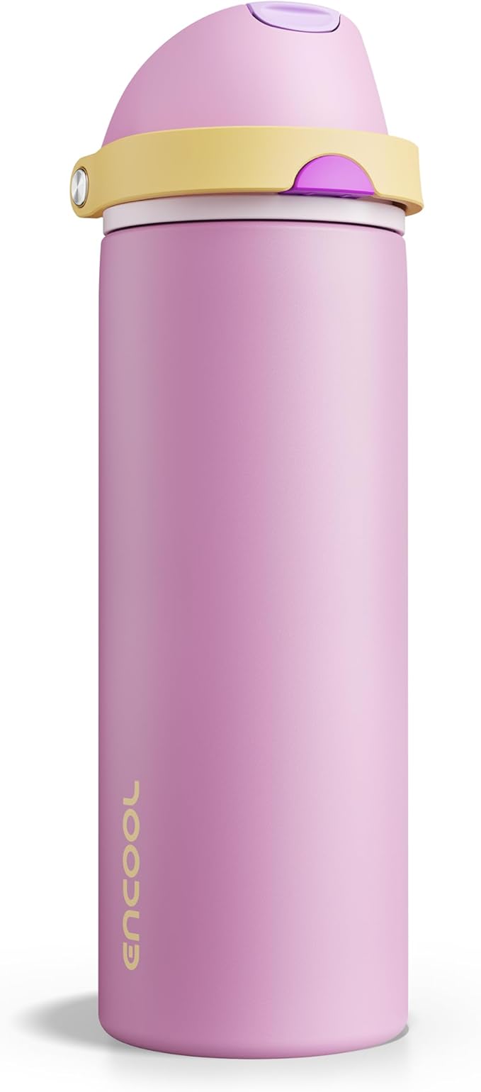 Insulated Water Bottle with Straw - Encool Stainless Steel Water Bottle with Push Button Lid, Leak-Proof & BPA-Free, Keeps Cold for 24 Hours for Sports, Travel, Gym (24 oz, Light Orchid-Fuchsia) ENCOOL