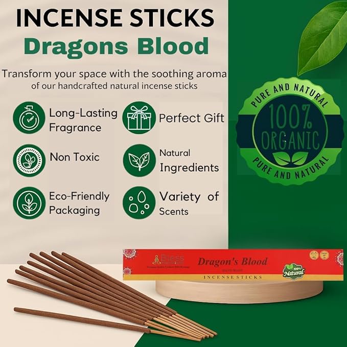 Bless-Dragons-Blood 100%-Natural-Handmade-Hand-Dipped Organic-Chemicals-Charcoal-Free Purification-Relaxation-Positivity-Yoga-Meditation Best-Woods-Scent (80 Sticks (4.20 OZ))