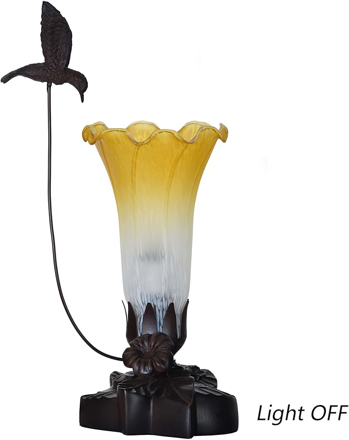 Bieye LL07 Hummingbird Flying Over Lily Flower Blown Glass Table Lamp for Home Decor (White Yellow, 4.25Wx12H)
