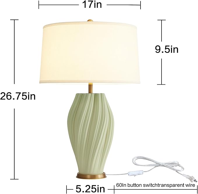 Modern Textured Ceramic Large Table Lamps 26.75", Sage Green Plug in Table Lamp Decor for Living Room Bedroom Bedside Tables Office Desk End - Bloomnest