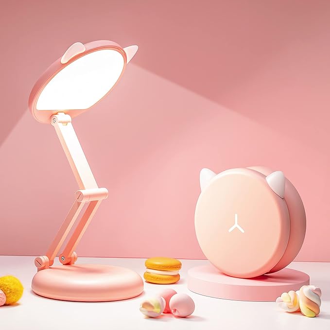 One Fire Cute Desk Lamp Pink Dorm Lamps for College Girls Foldable Portable Rechargeable Dimmable Cute Cat Lamp Kawaii Room Decor,College Dorm Decor for Girls Pink Classroom Essentials - Bloomnest