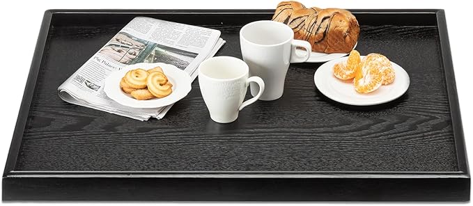 32 x 20 Inches Extra Large Solid Wood Serving Tray for Tea Coffee Table Snack Food Meals Serving Plate Kitchen Party Bar Breakfast Server with Raised Edges Black Wooden Decorative Ottoman Tray - Bloomnest