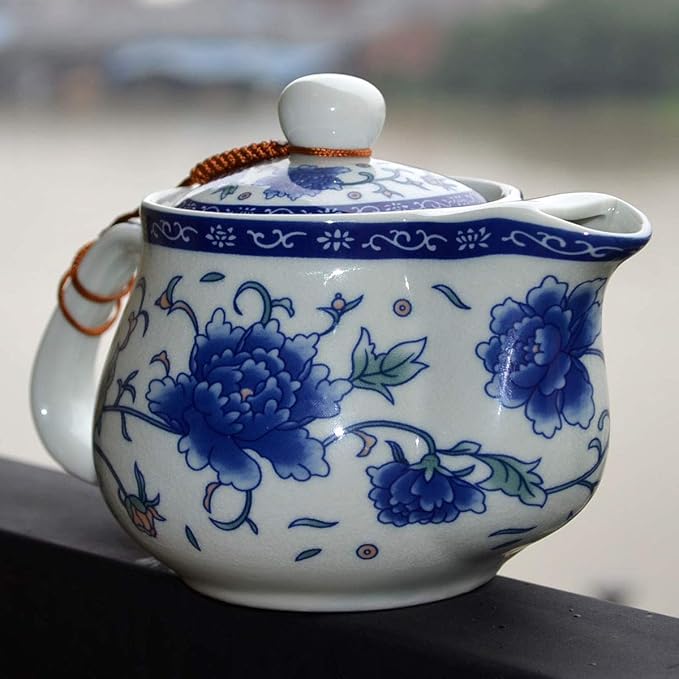 Small Porcelain Teapot, 9oz Tea Pot with Stainless Steel Infuser Classical Chinese Penoy Flower (Blue-and-white Penoy)