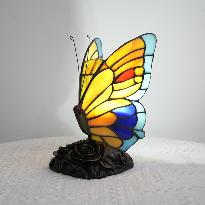 Blue and Orange Butterfly Table Lamp Small Tiffany Style Lamp Stained Glass Lamps Living Room Dorm Bedroom Vintage Art Unique Bedside Night Light Home Lighting Decor Kids Gifts Desk Lamps Rose Base - Bloomnest