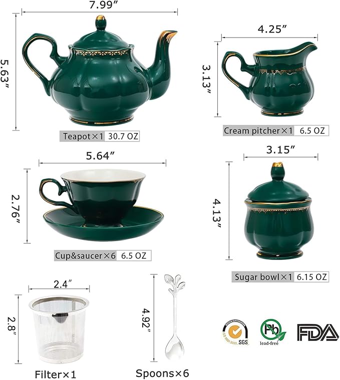 CHENP.HMC Tea Set 22-Piece Porcelain Ceramic Coffee Tea Sets Cups Saucer Service for 6 Teapot Sugar Bowl Creamer Pitcher and Teaspoons Porcelain Tea Set(Dark Green) - Bloomnest