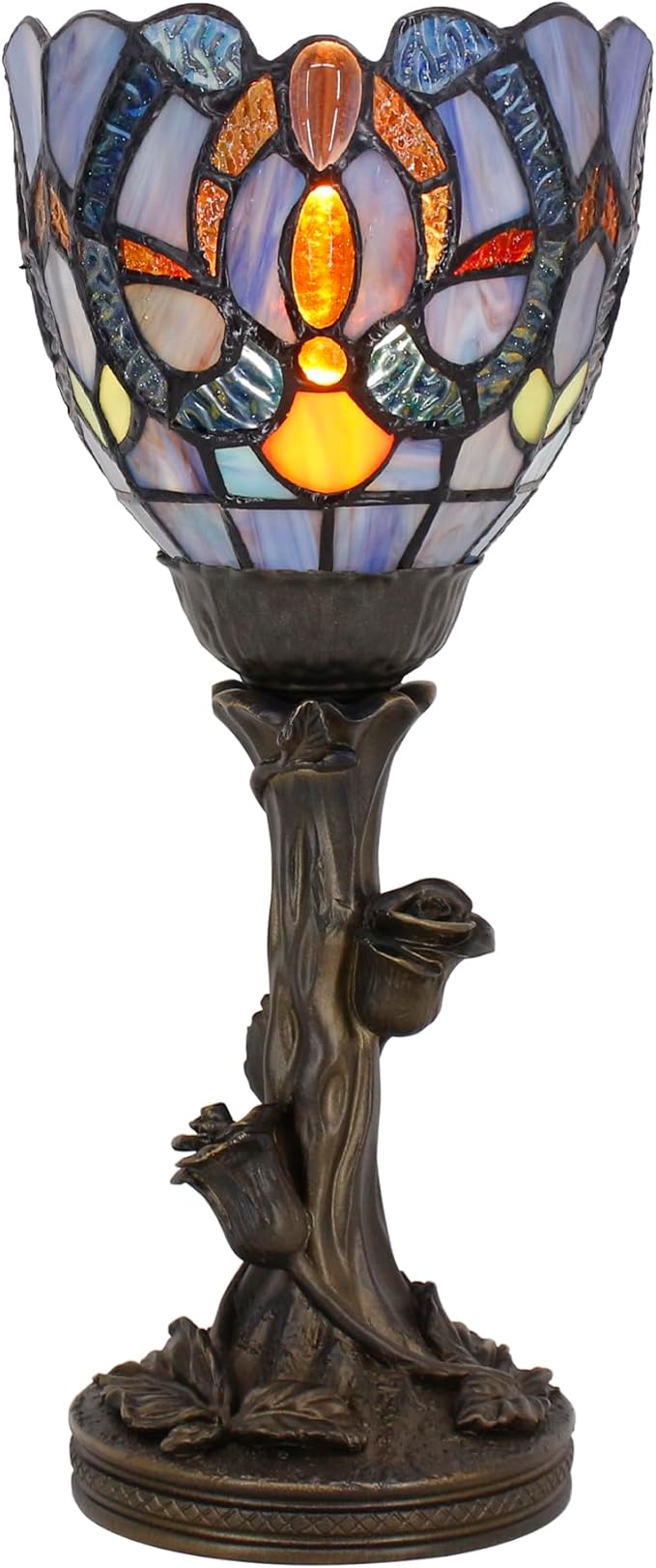 Small Tiffany Lamp Mini Stained Glass Table Lamp Blue Liaison Accent Desk Uplight W6 H13.5 Inch Bronze Resin Base - Bloomnest