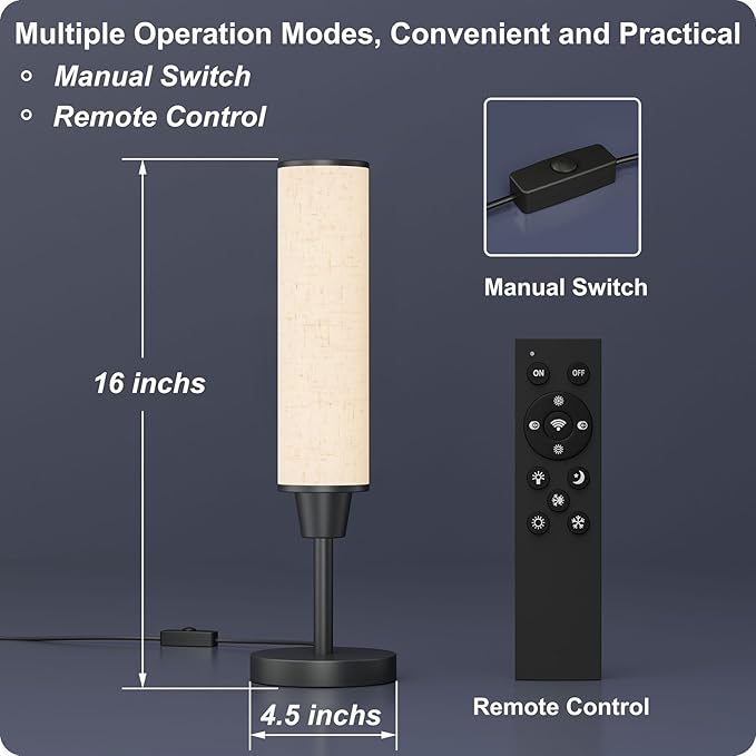 Table Lamp with Remote，Bedside Lamps for Night Stands, Nightstand Lamp with Adjustable Brightness (10%-100%) and Color Temperature (3000k-6000k),Small Lamp for Bedroom (Black - Beige Linen) - Bloomnest