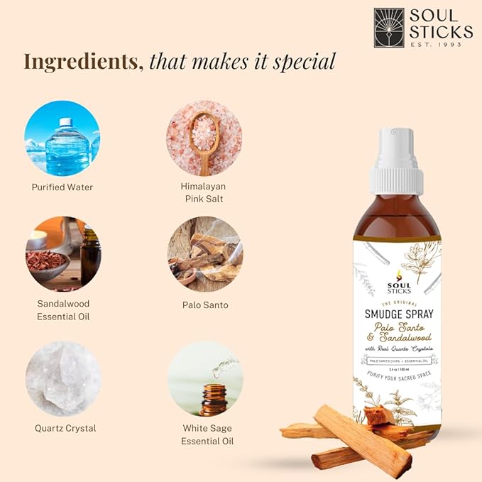 SOUL STICKS Palo Santo & Sandalwood Smudge Spray For Cleansing and Negative Energy | 3.5oz Palo Santo Spray with Real Quartz Crystals | Sage Room Spray for Spiritual Cleansing and Purifying Home Car SoulSticks