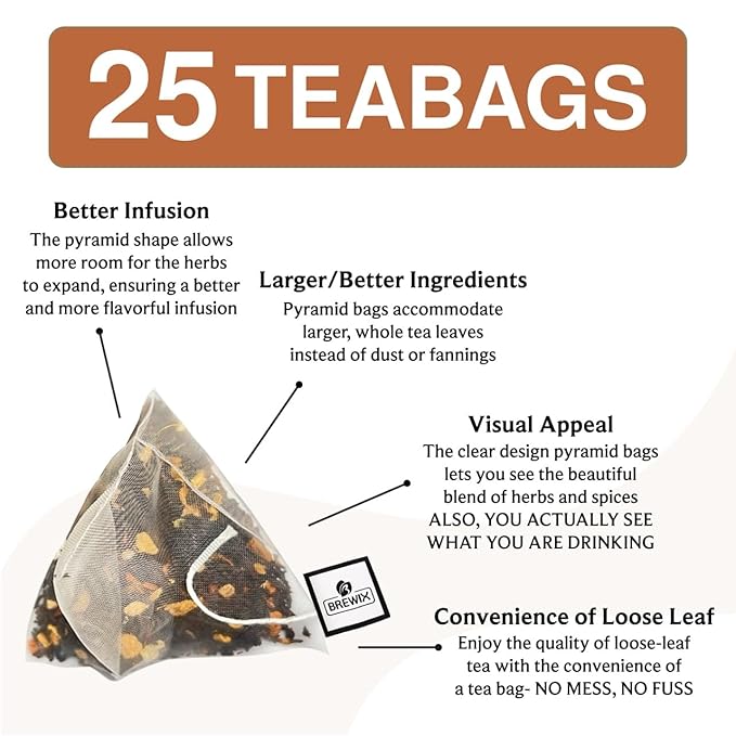 BREWIX, Masala Chai Tea Bags (25 Pyramid Tea Bags) Strong, Robust & Spicy - Pure Ingredients | Black Tea, Cinnamon, Ginger, Black Pepper, Cardamom & Cloves, Packed in Resealable Ziplock Pouch - Bloomnest