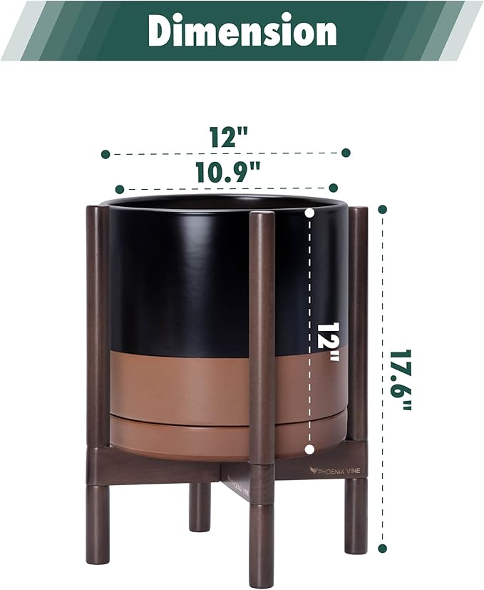 D'vine Dev Ceramic Planter with Walnut Color Stand - 12 Inch Modern Round Flower Pot with Wood Planter Holder, Black/Speckled Tan, 55-B-W-7 - Bloomnest