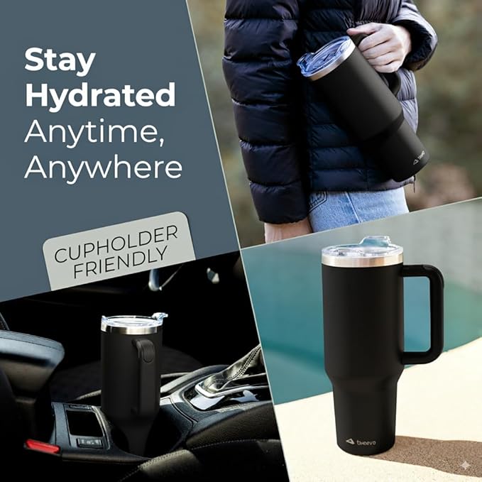 40 oz Tumbler With Handle and Straw Made of Stainless Steel - Double Wall Vacuum Insulated Tumbler With Lid - Sweat Proof Easy Grip, BPA-Free, Dishwasher Safe Tumbler (Black) - Bloomnest