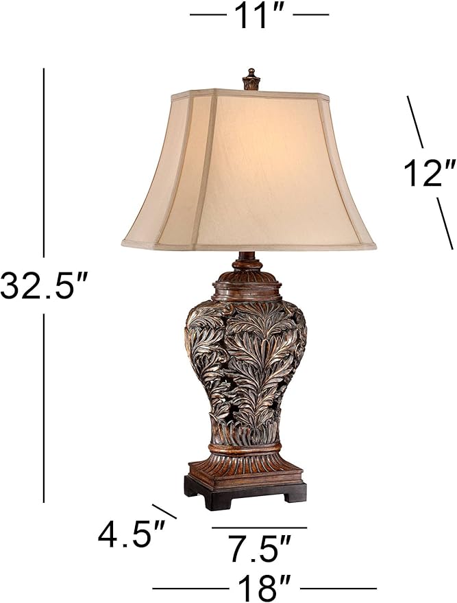 Barnes and Ivy Traditional Table Lamps 32.5" Tall Set of 2 Bronze Brown Carved Leaf Openwork Vase Tan Rectangular Shade Decor for Living Room Bedroom House Bedside Nightstand Home Office - Bloomnest