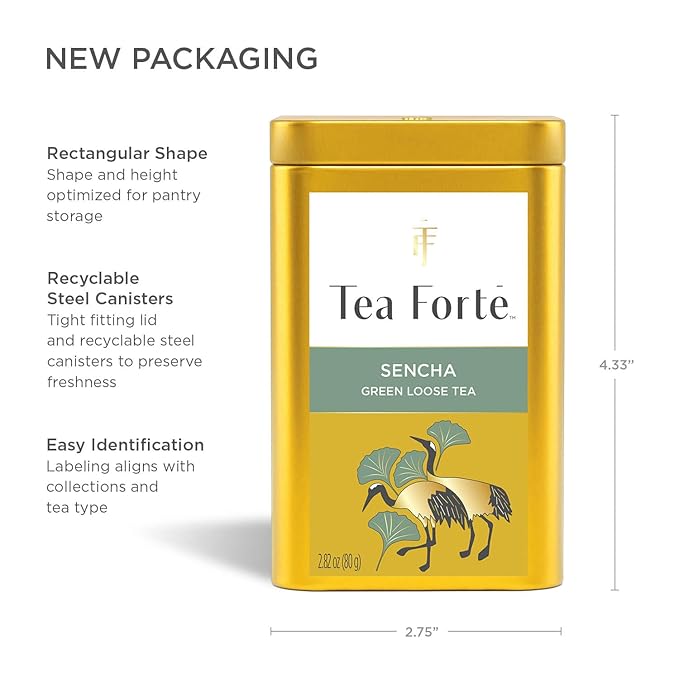 Tea Forte Sencha Premium Loose Leaf Caffeinated Green Tea Blend Canister, Makes 35-50 Cups