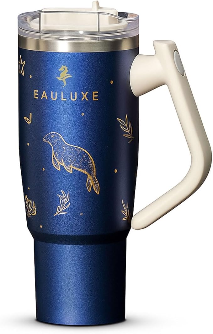 DriftFlow 40 oz Luxury Insulated Tumbler – Midnight Blue with Gold Embossing | Premium Stainless Steel Double-Wall Travel Mug with Handle & Straw Lid – Leak-Proof, Hot 13 H/Cold 25 H - Bloomnest