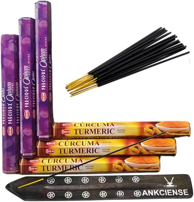 Sandalwood & Vanilla Incense from Hem Bundled with ANKCIENSE Incense Holder Bundle, Variety Pack of 120 Sticks (P Opium & Turmeric)