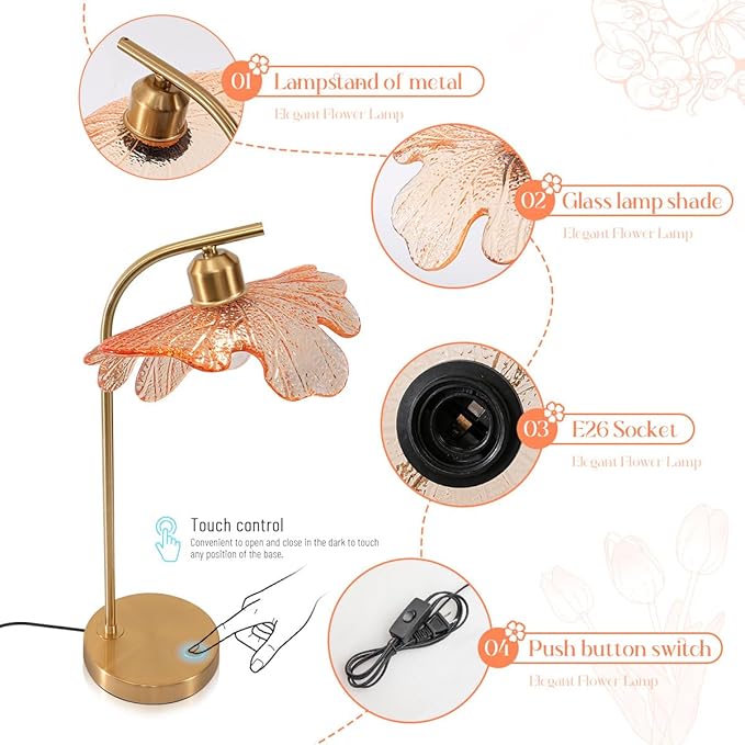 Mid Century Modern Table lamp Bedside Table Lamps with Touch Switch Amber Glass Tall Table lamp Gold Desk lamp nightstand lamp Small Table lamp for Bedroom Living Room Office - Bloomnest