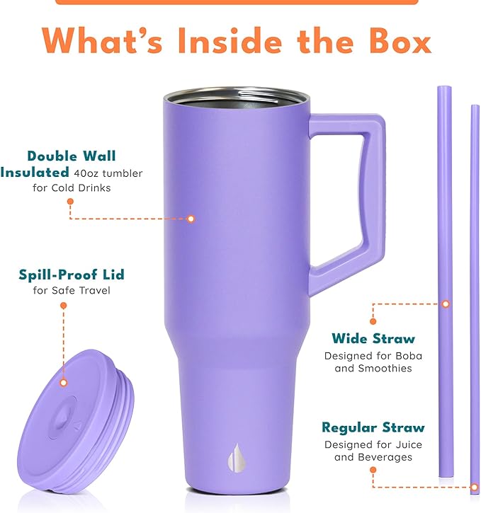 Elemental 40 oz Tumbler with Handle and Straw - Spill Proof Insulated Stainless Steel Commuter for Hot and Cold Beverages - Travel Coffee Mug with 2 Straws & Spill Proof Lid - 40oz - Lavender - Bloomnest