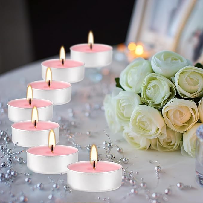 Pink Rose Scented Tealight Candles - 4 Hours - Giant 100 Bulk Packs - Smokeless Tea Lights for Valentine's Day, Weddings, Christmas, Home Decorative - Bloomnest