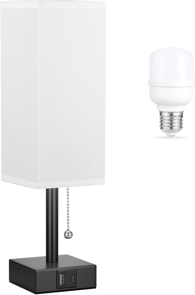 White Small Table Lamp for Bedroom - 3 Color Temperature 3000K 5000K 4000K Bedside Lamp, Pull Chain Control, USB A and C Charging Ports, Black Base, for Kids Office Dorm Nightstand, Bulb Included - Bloomnest