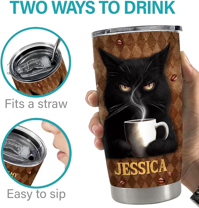 SANDJEST Personalized Black Cat Tumbler Funny Coffee 20oz 30oz Tumblers with Lid Gift for Women Girl Daughter Sister Mom Cat Lovers Christmas Birthday - Bloomnest
