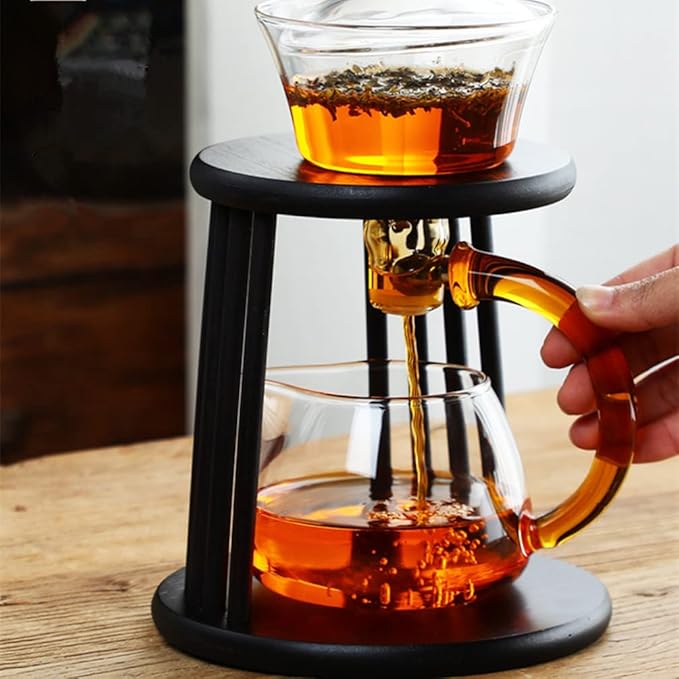 Mozeo Glass Semi-automatic Tea Set Wooden Glass Tea Set Water Diversion Rotating Cover Bowl Lazy Tea Maker Teapot Kungfu Fu teacup (Wooden Yellow Handle Teapot) - Bloomnest