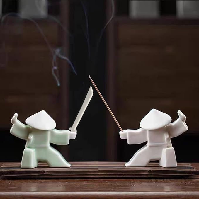 EAEMDY Samurai Figure Figurine Japanese Warrior Statue Decor for Table Room, Incense Holder for Stick Burner Incense Stick Holder, Kongfu Tea Pet Decoration (4.White B+Green B) - Bloomnest