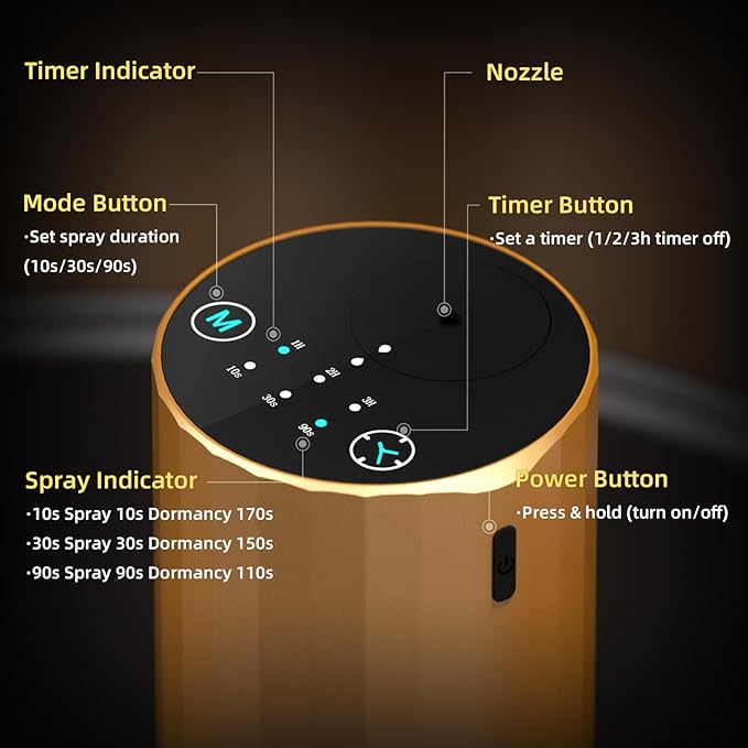 Waterless Essential Oil Diffuser Aromatherapy Scent Diffusers for Home Large Room, Bedroom, Car, Office, Desk, Battery Operated Mini Portable Air Freshener (Golden) - Bloomnest