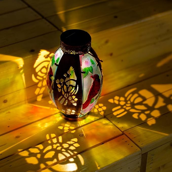 Starsoul Cardinal Outdoor Solar Lantern - Metal & Stained Glass Cardinal Solar Light, Waterproof Tabletop Lamp with Hollowed-Out Design for Yard, Patio, Garden, Pathway - Bloomnest